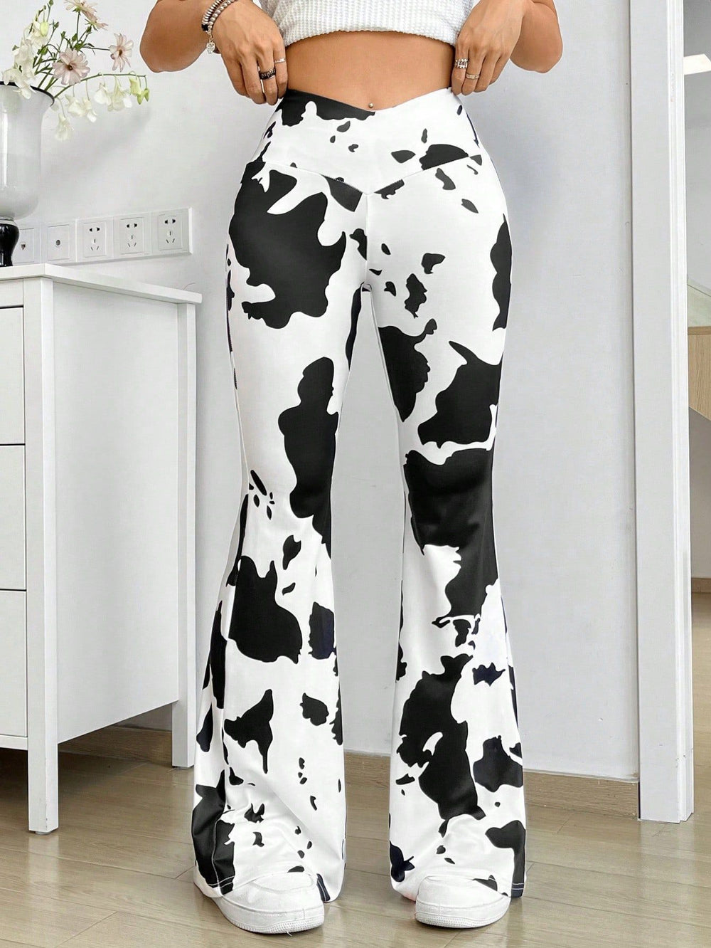 In stock-53357#  cross-border fashion and versatile women's cow print v-waist elastic flared pants
