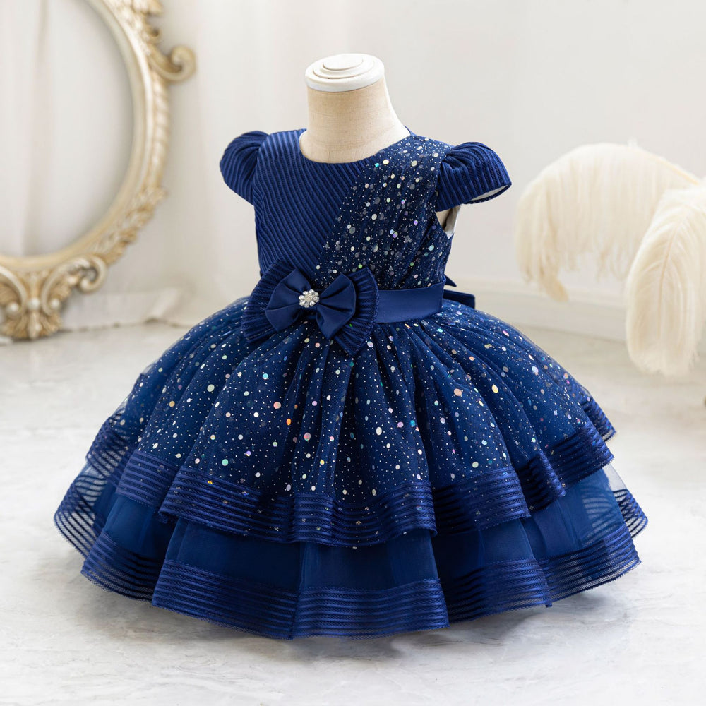 Ready-to-ship wholesale sequin bow princess dresses for girls, perfect for baby's first birthday or special occasions
