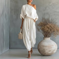 women's summer new arrivals:  cross-border fashion casual solid color one-shoulder loose fit pants set (us/eu style)