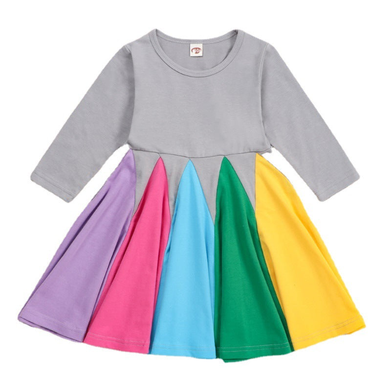 New girls' dress: stylish color block long-sleeve rainbow princess dress for toddlers and young children