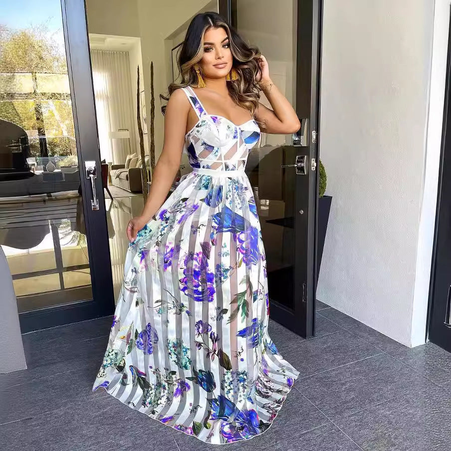 Summer new european and american style bandeau camisole print sheer maxi dress -  &  women's clothing
