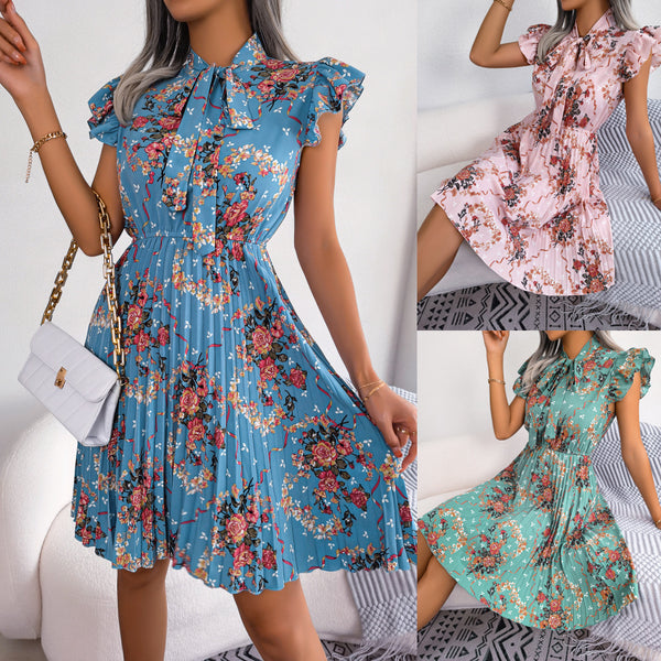 Real shot 2025 European and American spring and summer temperament flower lace-up waist pendulum pleated skirt, independent station  women's clothing