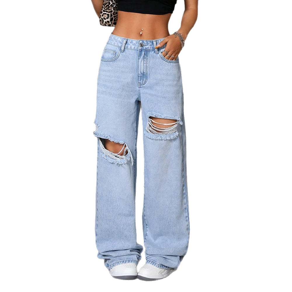 Fashionjeans women's light blue big hole raw edge loose pants high street distressed loosemop denim pants