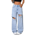 Fashionjeans women's light blue big hole raw edge loose pants high street distressed loosemop denim pants