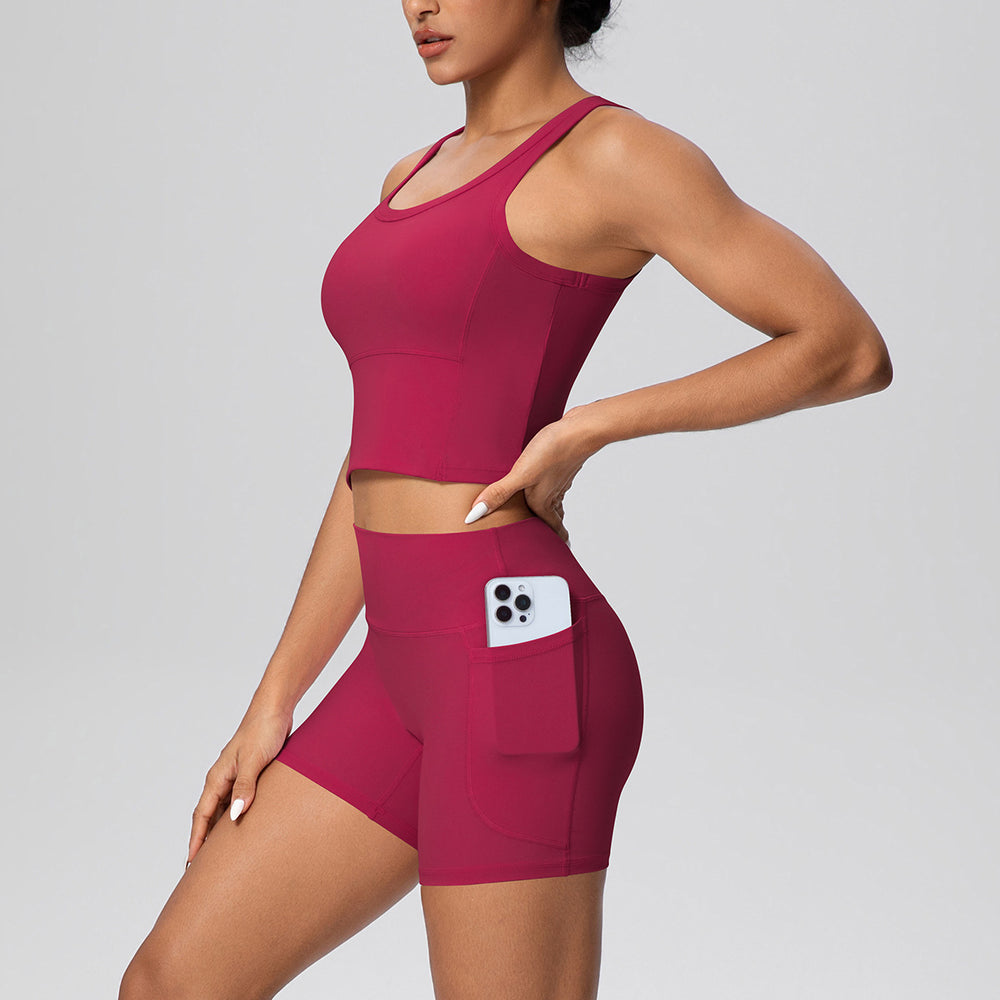 New arrival: cross-border brushed solid color breathable tank top & pocket shorts yoga set - two-piece activewear for running and fitness