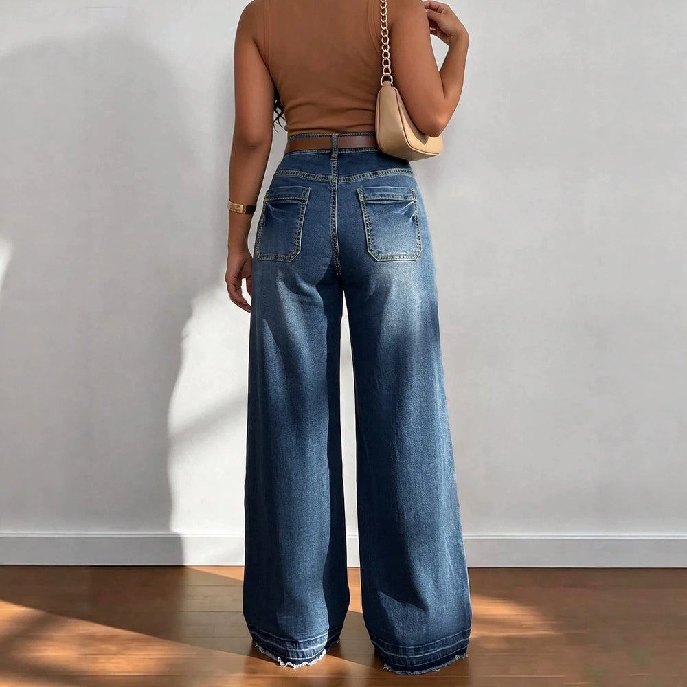 Fashionjeans women's open thread large patch pocket high waistloose pants dark blue washed raw edge trousers slimming look denim pants