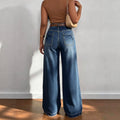 Fashionjeans women's open thread large patch pocket high waistloose pants dark blue washed raw edge trousers slimming look denim pants