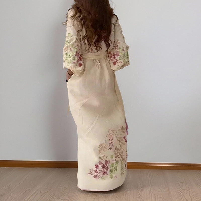 cross-border e-commerce european and american women's clothing: new summer collection - printed lantern sleeve, cinched waist, tie-waist tassel dress