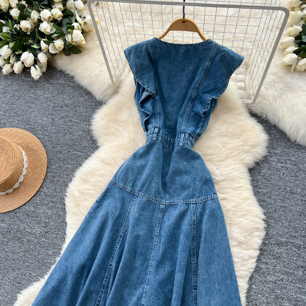 Frenchretroniche stylesense of designrufflespatchworksingle breasted waist denim dress women's sleeveless vest dress