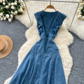 Frenchretroniche stylesense of designrufflespatchworksingle breasted waist denim dress women's sleeveless vest dress