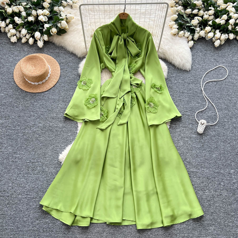 Frenchretrolong sleevesdress women's summerstereoflower tieelegant unique beautiful beautiful long skirt