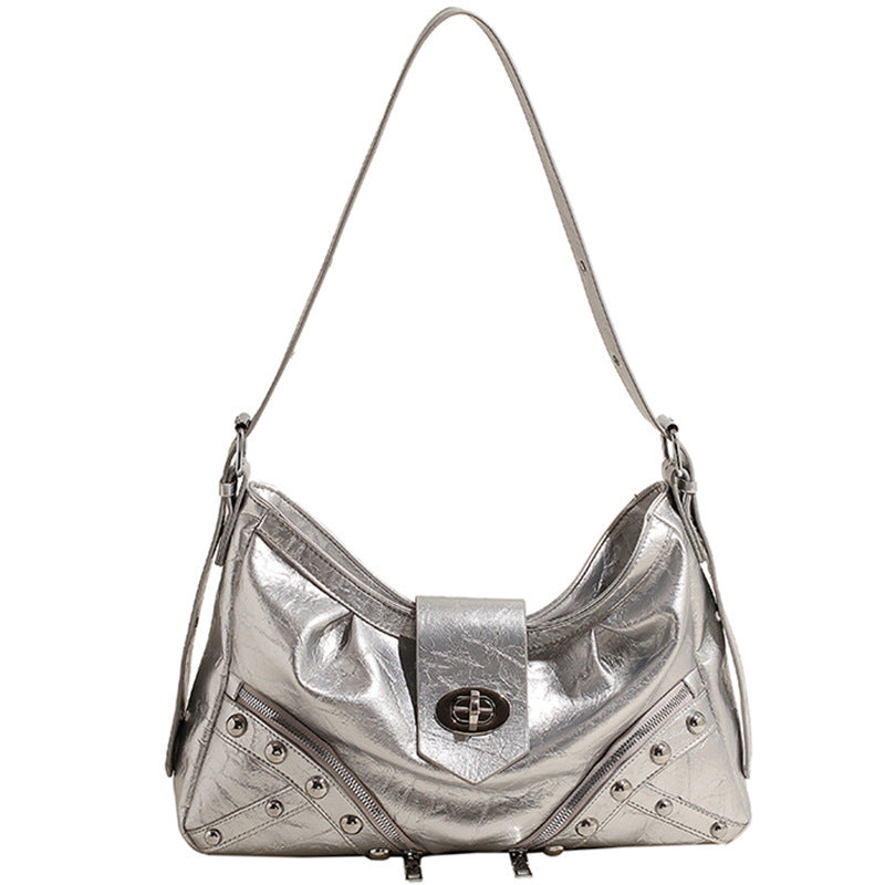 Retro personalized locomotive bag 2025 new fashionable large-capacity willow nail tote bag heavy industry foreign gas shoulder armpit bag