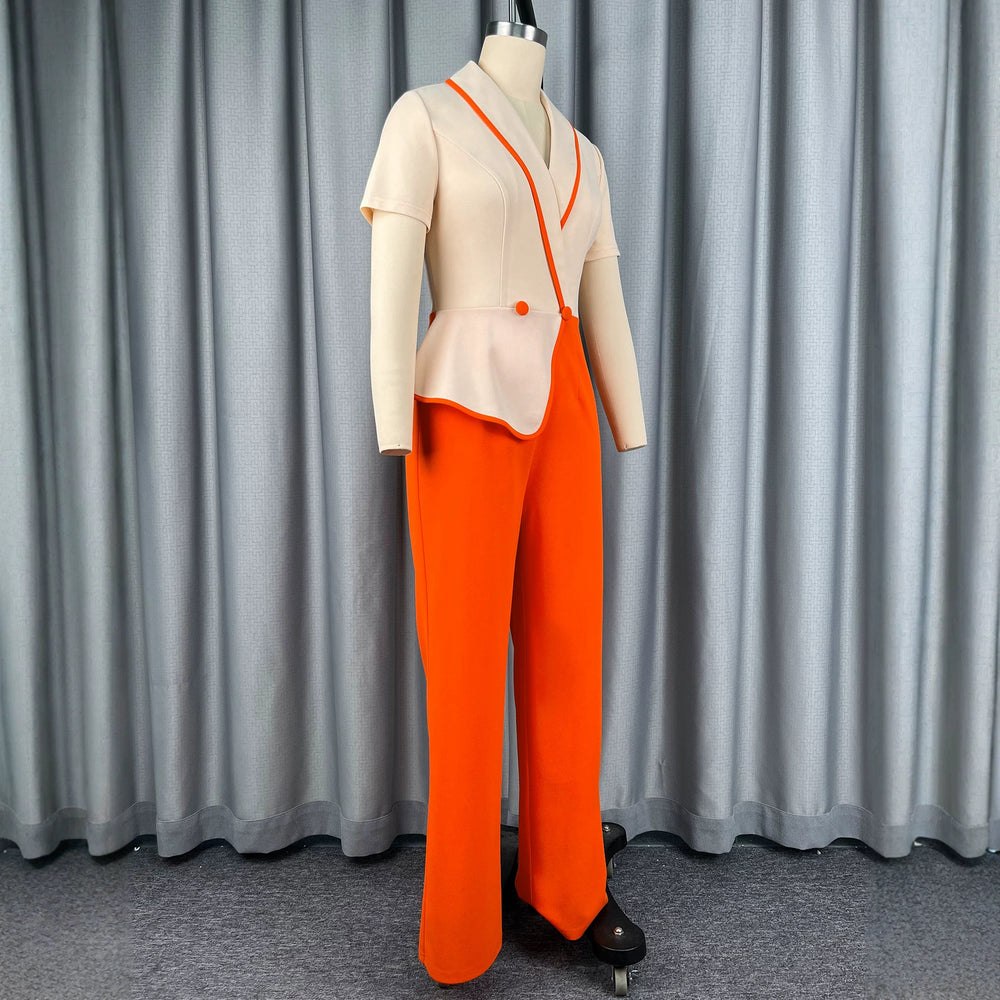 Autumnew arrivalfashion lapel jumpsuit lotus leaf hem patchworkcontrast colorslimming look jumpsuit jumpsuits