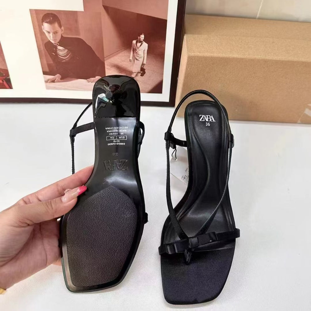Za 2024summernew arrivalbows genuine leather high-heeled sandals women's outwear flip-flops open toe mid-heeled sandals and sandals