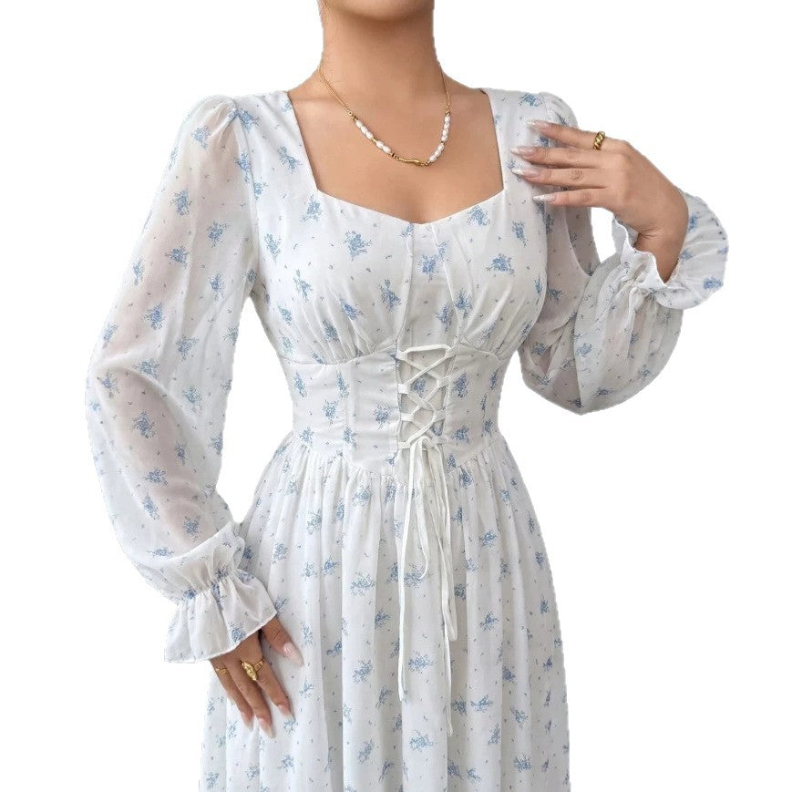 European and american cross-border  gentle style white background blue floral long dress with square neck and puff sleeves - korean style outfit