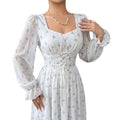 European and american cross-border  gentle style white background blue floral long dress with square neck and puff sleeves - korean style outfit
