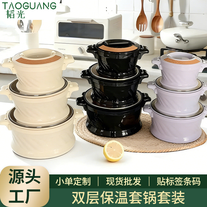 Export cross-border stainless steel thermal pot large capacity thermal rice bucket double layer pot 3pcs food warmer