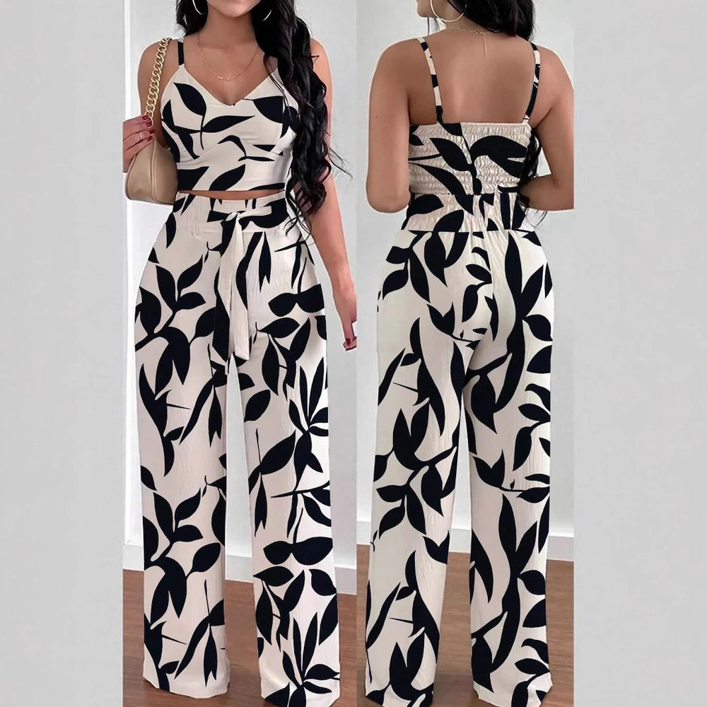 Two-piece set featuring a spaghetti strap elastic tank top and wide-leg tie-front pants,  early autumn european and american style