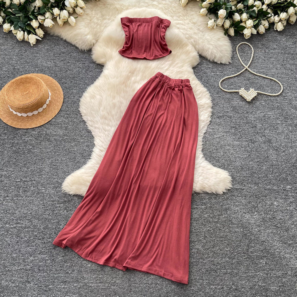 French riviera style halter top two-piece set: women's summer bandeau top & high-waisted midi skirt - slimming, chic, and fashionable outfit
