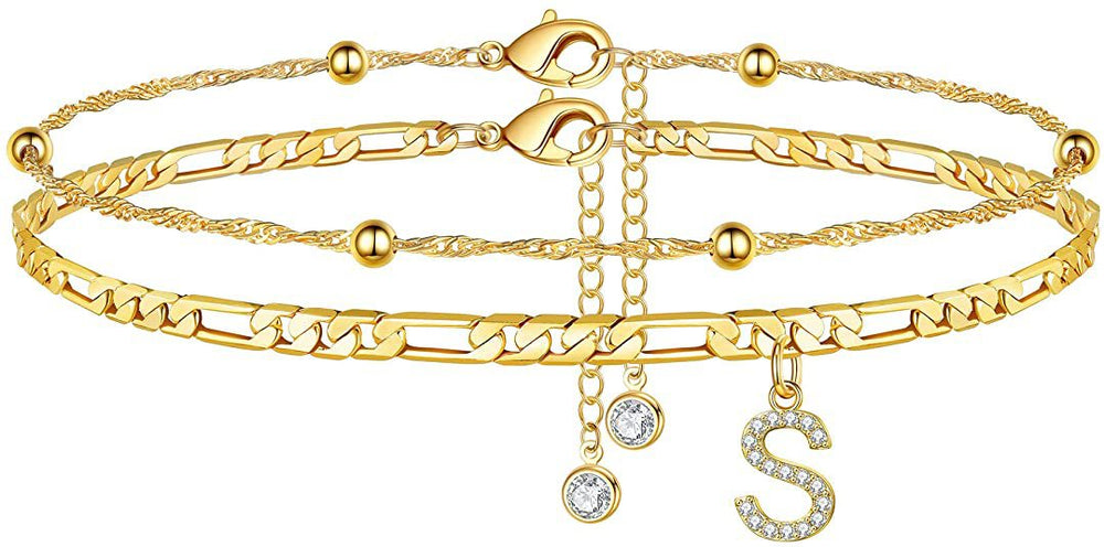 export hot-selling 26-letter anklet, zircon letter anklet, minimalist fashion seed bead cuban double-layer anklet