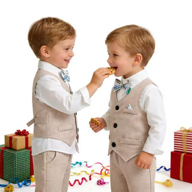 New arrival: factory direct british style boys' plaid vest, shirt, and trousers set - perfect for first birthday celebrations and formal occasions