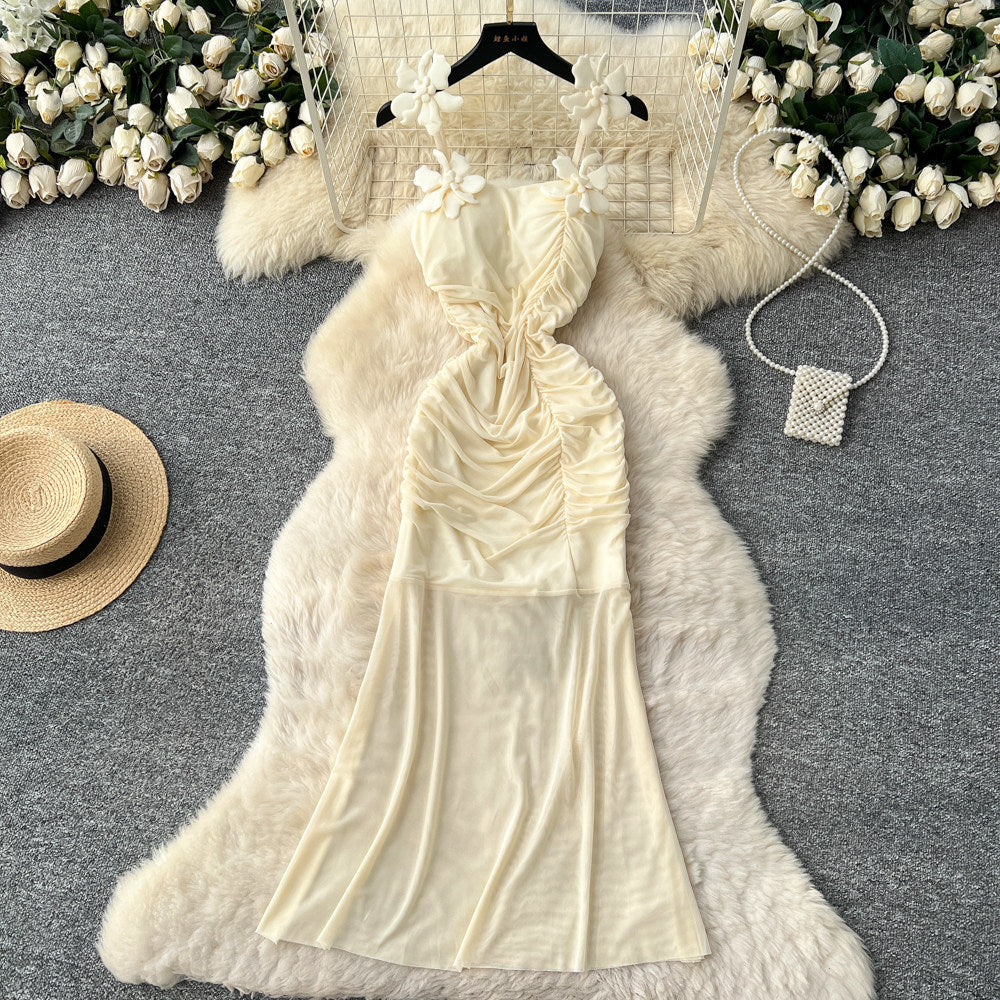 Pure desire style suspender pleated mesh sleeveless dress women's summer flower decoration waist slimmingelegant long dress
