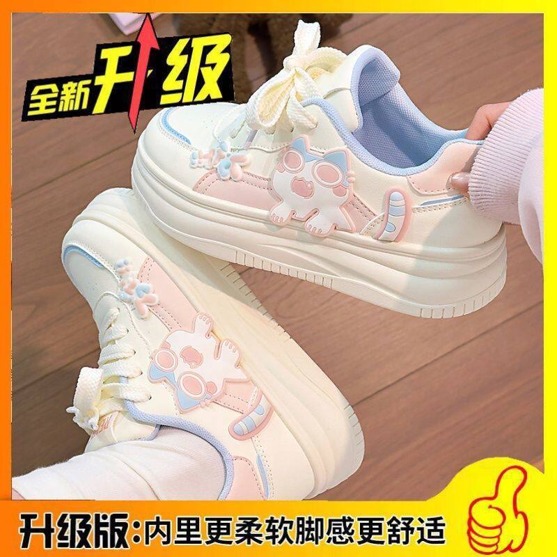 Simple pink women's shoes cute kitten white shoes women  spring and autumn new cartoon student thick solek-style sneakers