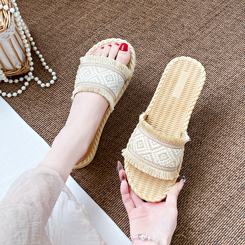Ethnic style woven one-line sandals for women summernew arrivaleasiest for matchoutwear holiday style soft bottom beach sandals for women