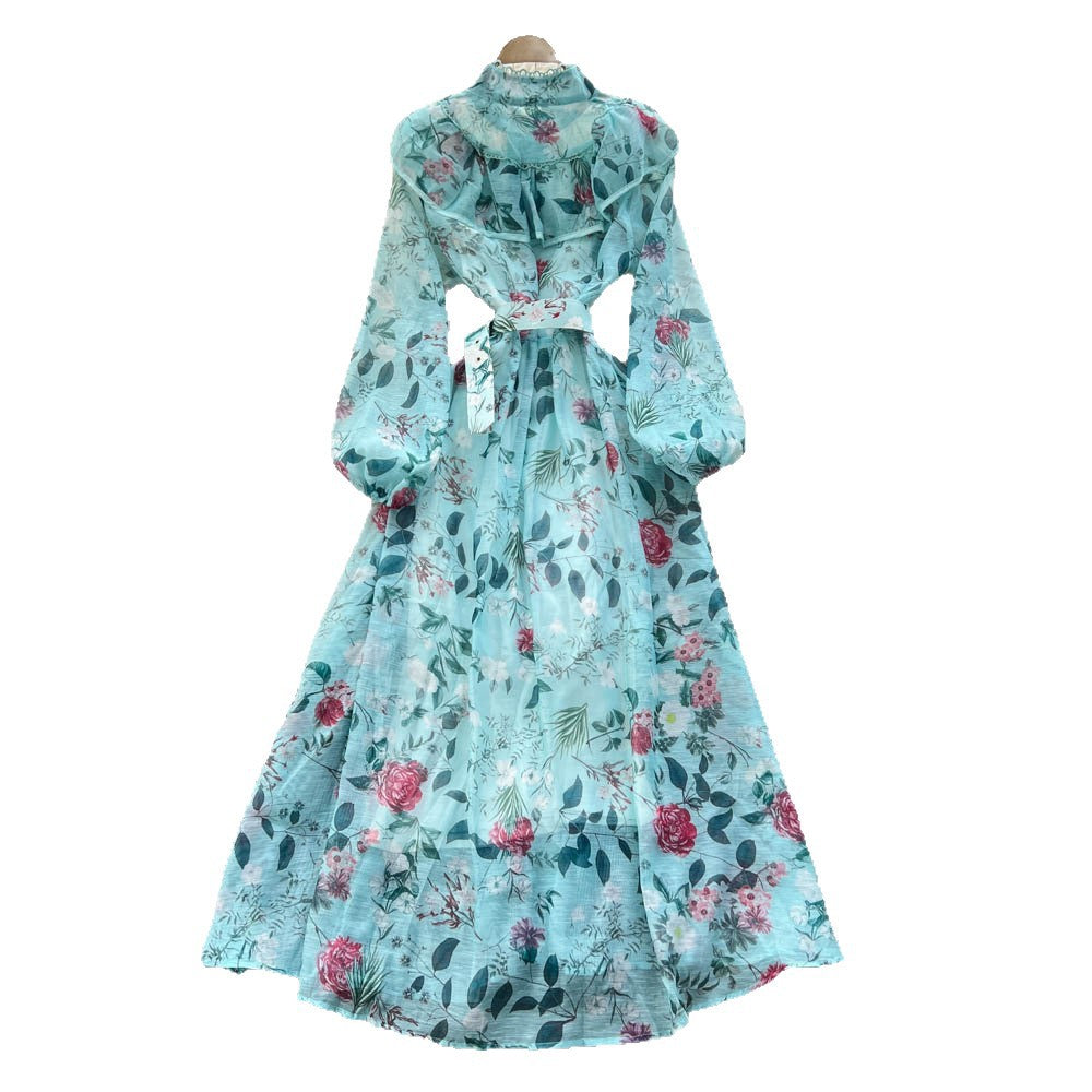 French chic elegant women's fall dress - high-end ruffle trim, tie-waist, printed maxi dress
