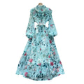 French chic elegant women's fall dress - high-end ruffle trim, tie-waist, printed maxi dress