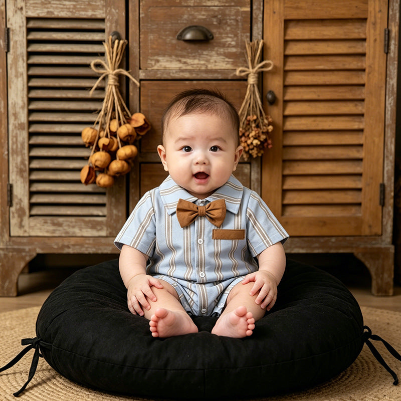 Newborn summer outfit: striped short-sleeve romper for baby boys - perfect for first birthday celebrations, 100-day milestone photoshoots, and stylish summer wear