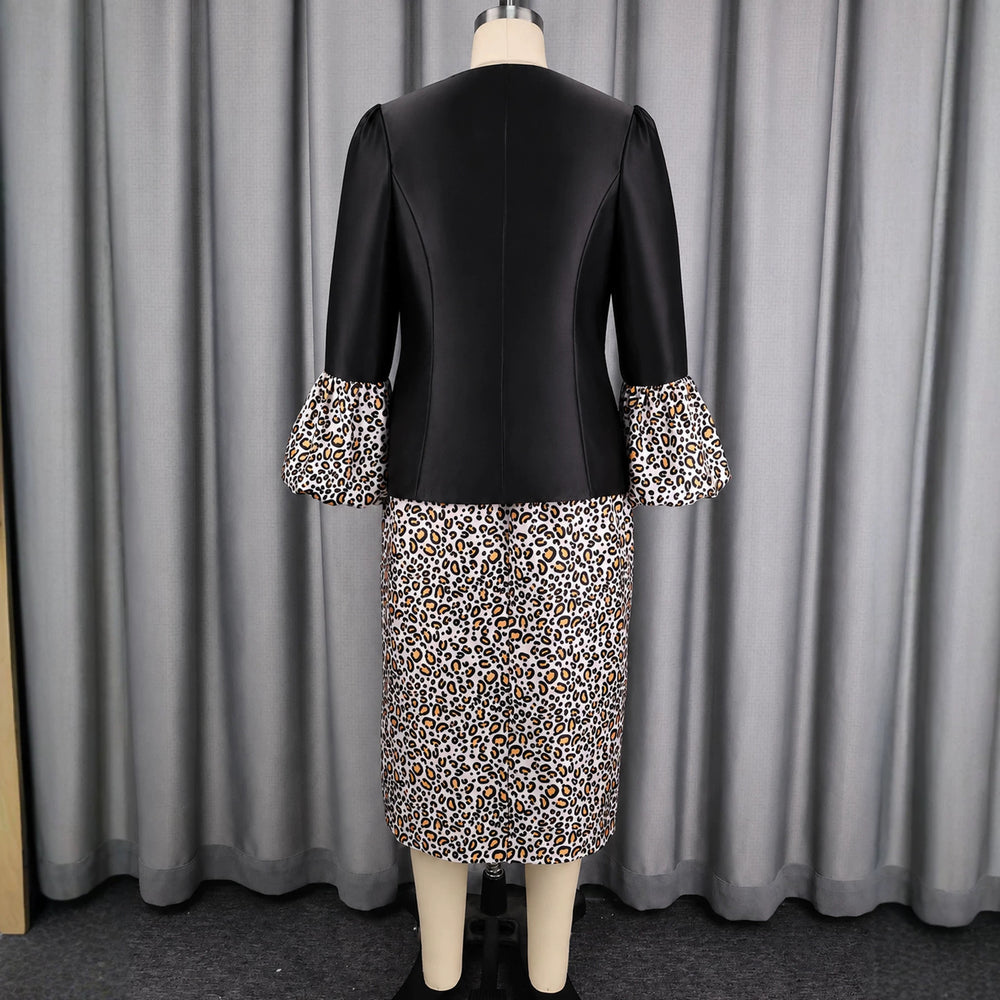 Elegant patchwork suit skirt square neck silm plate button leopard print lantern sleeve satin dress two-piece setset