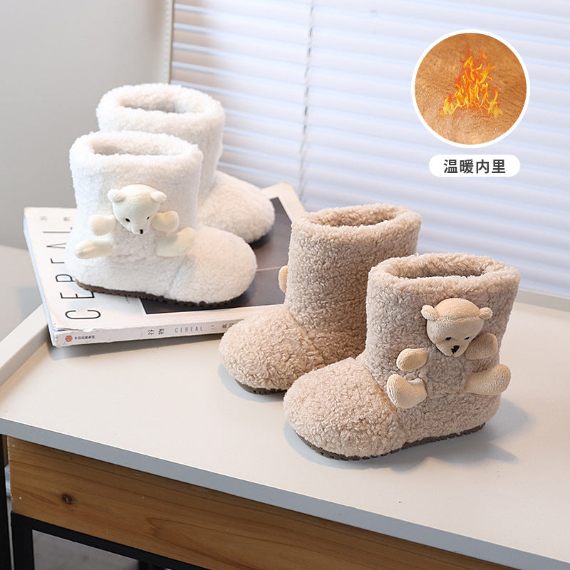 Girls' winter fleece-lined lambswool outerwear cotton shoes,  new korean style children's cartoon warm snow boots, fluffy