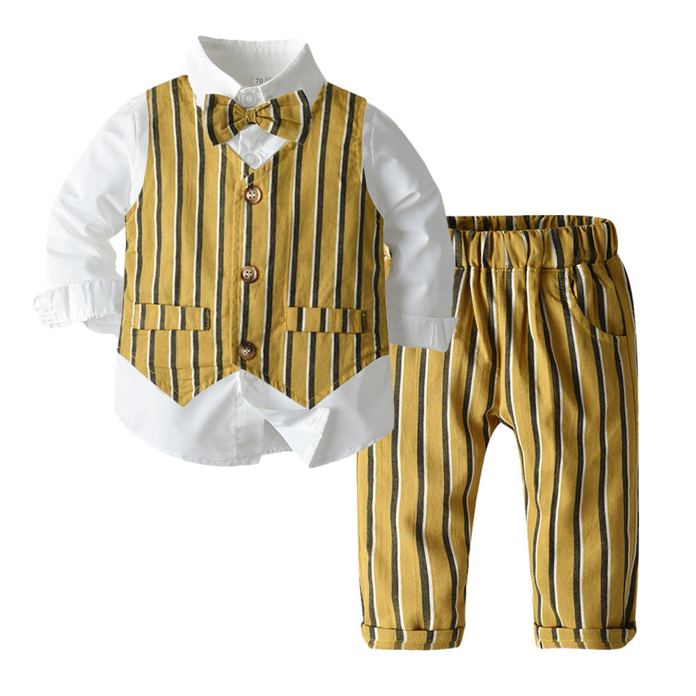 New arrival: boys' spring/autumn outfit - striped vest, cotton white shirt, and trousers suit - perfect for performances and everyday wear