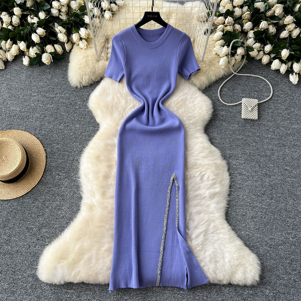Elegant and chic sequin-embellished midi knit dress for women - summer collection: sexy, slim-fit, round neck, short sleeves, and a flattering slit