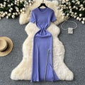 Elegant and chic sequin-embellished midi knit dress for women - summer collection: sexy, slim-fit, round neck, short sleeves, and a flattering slit
