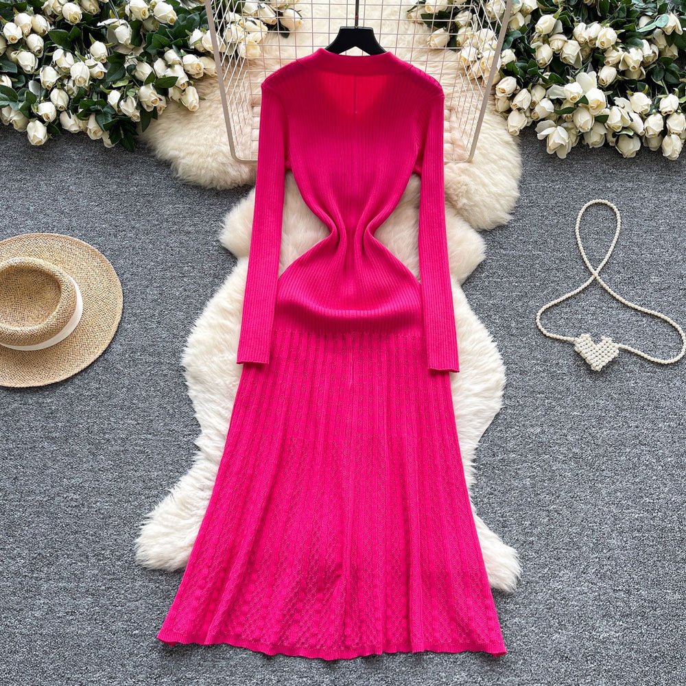 French retro polo collar long sleeve metallic buckle waist dress women's autumn slimming elegant crochet knit maxi dress