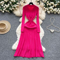 French retro polo collar long sleeve metallic buckle waist dress women's autumn slimming elegant crochet knit maxi dress