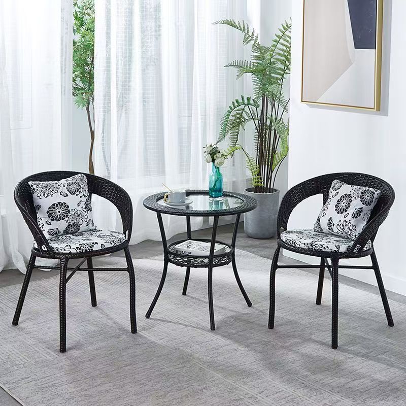 Balcony for home small coffee table house courtyard rattan tea table and chair combination outdoor open-air rattan chair three-piece small round table