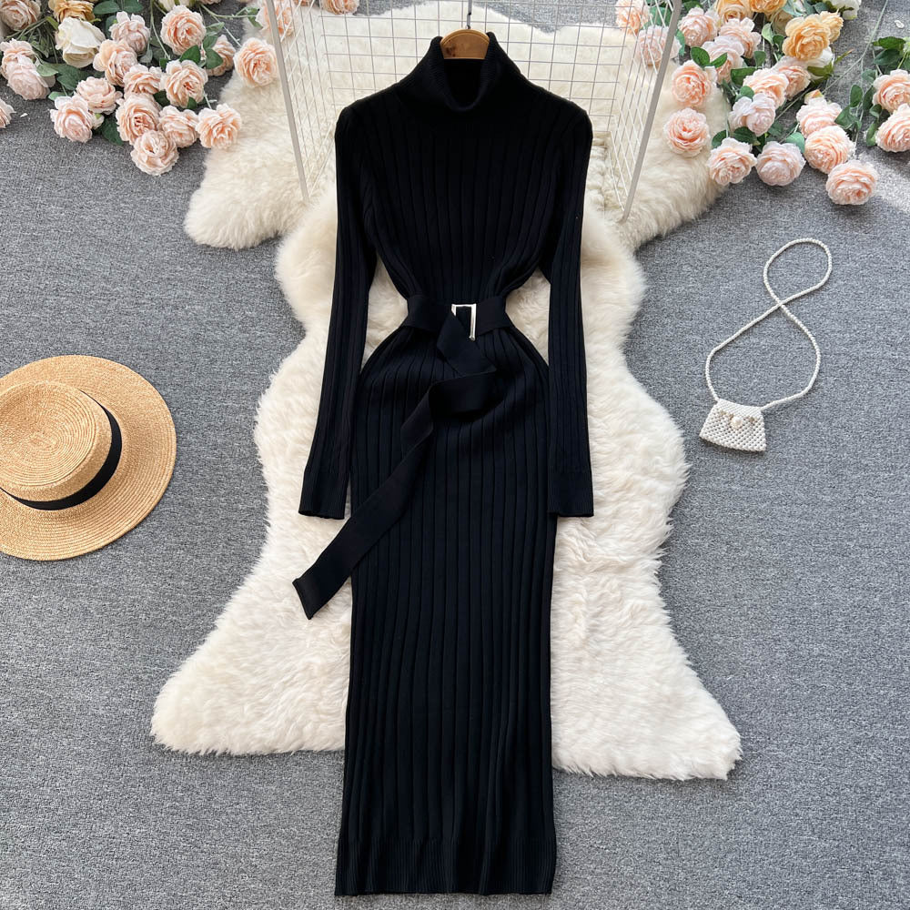 European and american style mock neck knit dress - autumn women's french retro slim fit bodycon maxi dress