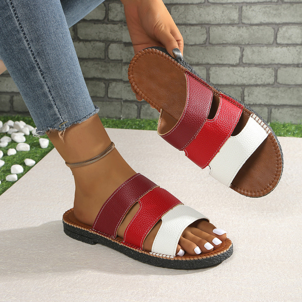 European and american export plus size patchwork flat slippers women's cross-border round toe woven one-strap outdoor beach sandals