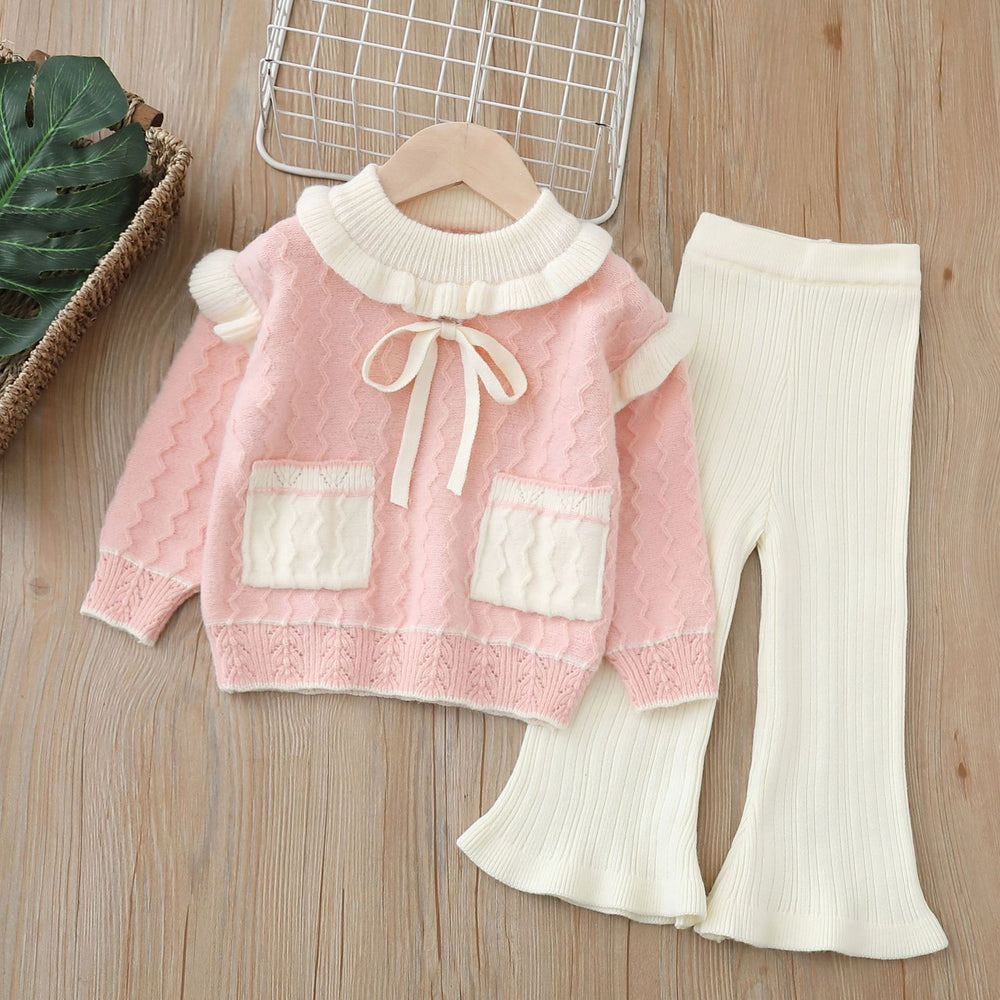 Girls' knitted sweater two-piece set: round neck, new autumn/winter  style with pockets and flutter sleeves