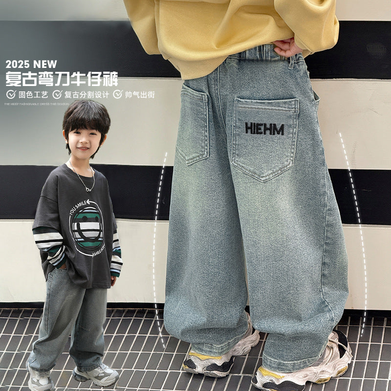 Nezha boys' jeans spring collection: mid-to-large size straight-leg, loose-fit trousers,  new style, scimitar pants, trendy