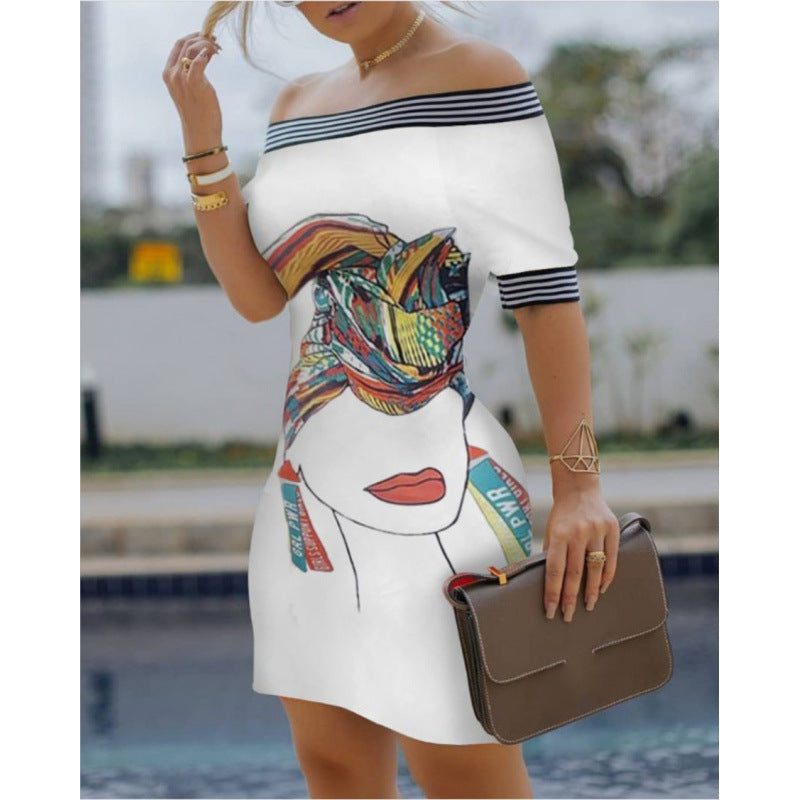 new arrival: hot-selling women's off-the-shoulder printed bodycon sexy dress for cross-border e-commerce ()