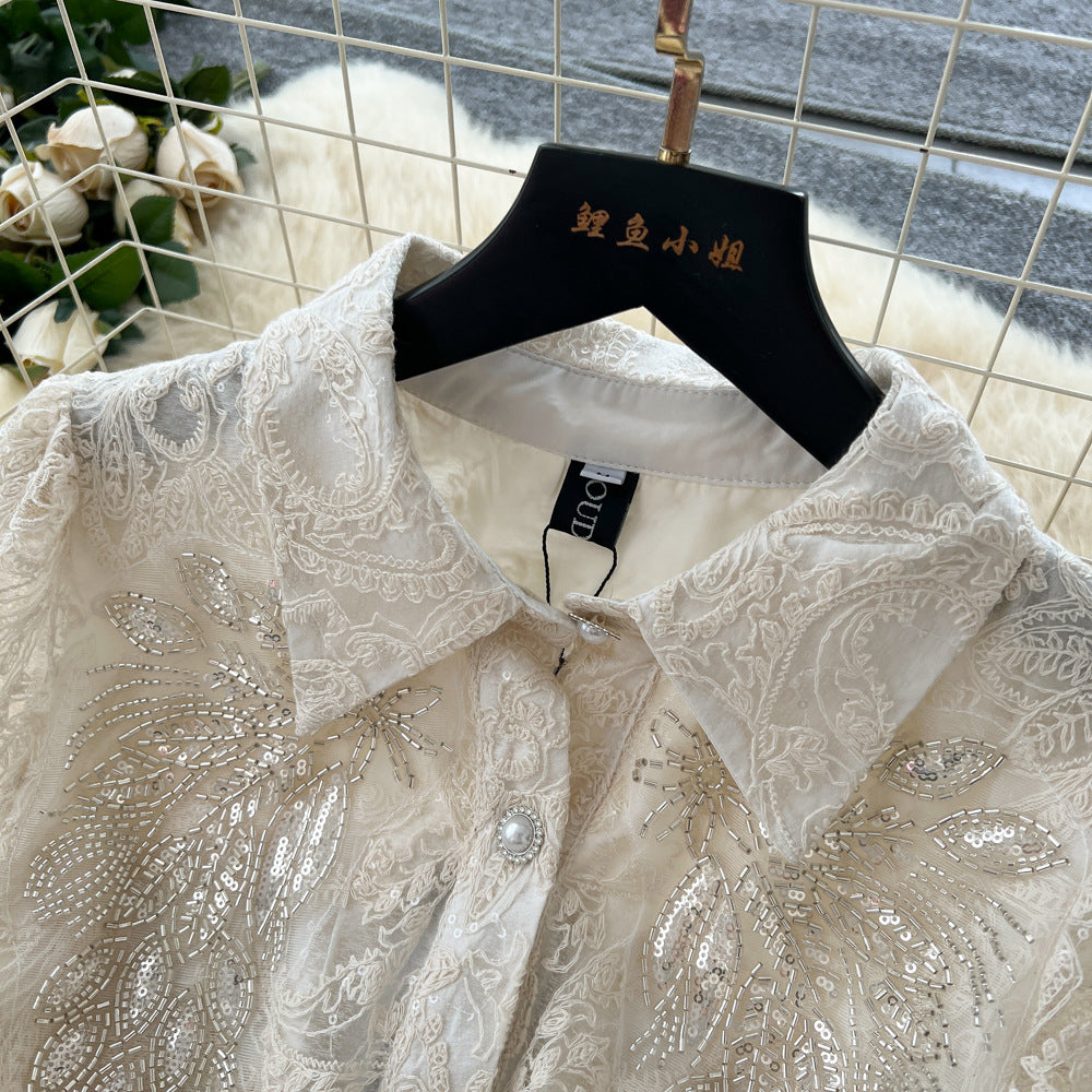 Frenchretro heavy industry embroider sequin mesh embroider strap waist single breasted dress women's elegance long skirt