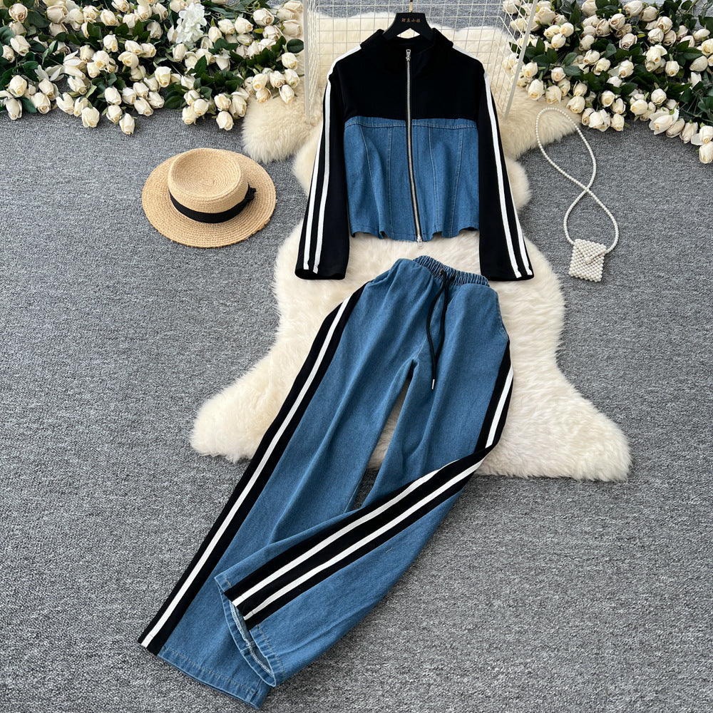 Women's autumn casual outfit: vintage stand collar denim patchwork long sleeve top t-shirt + wide leg straight pants two-piece set