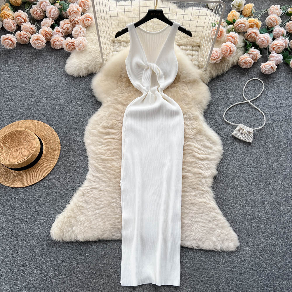 European and american style ins women's summer new sexy twist knot cleavage-enhancing hollow-out fashion two-way knitted dress