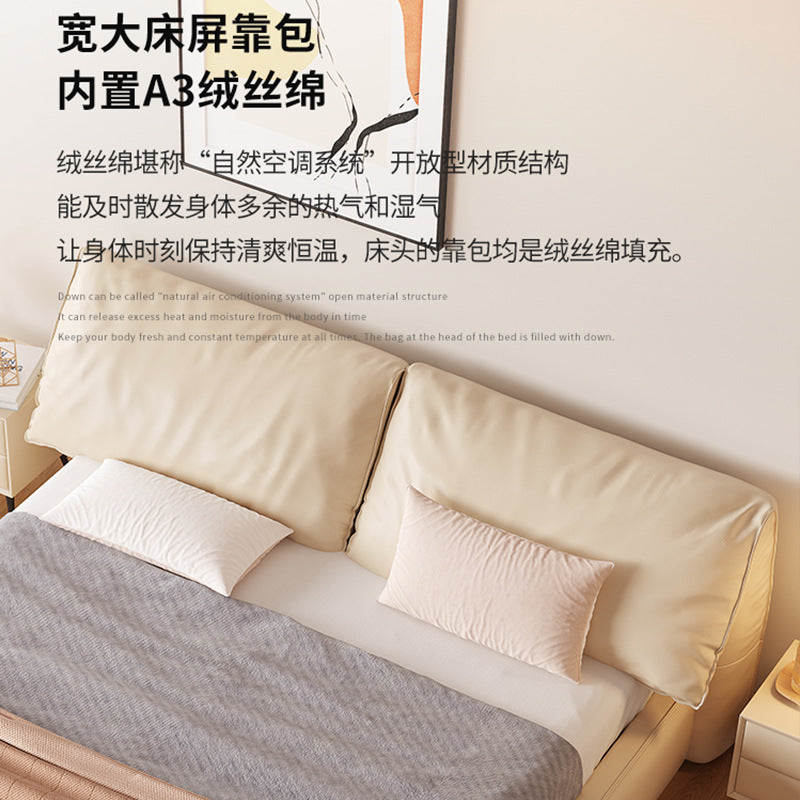 Foshan factory customized elephant ear genuine leather soft-packed bed, italian minimalist cream style master bedroom double bed