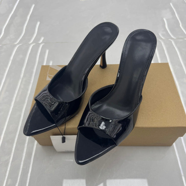 Spanish mango women's shoes summer new 2025 one-strap sandals outdoor casual versatile patent leather high heel sandals
