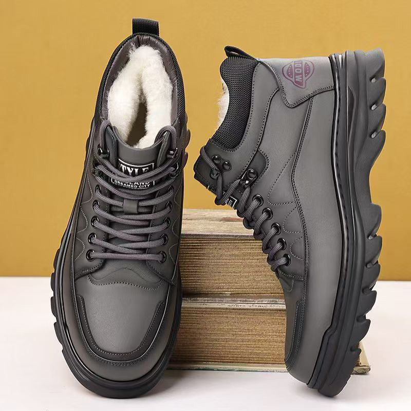 2025 winter men's high-top fleece-lined warm leather shoes, black korean style martin boots, thickened casual cotton shoes, dad shoes